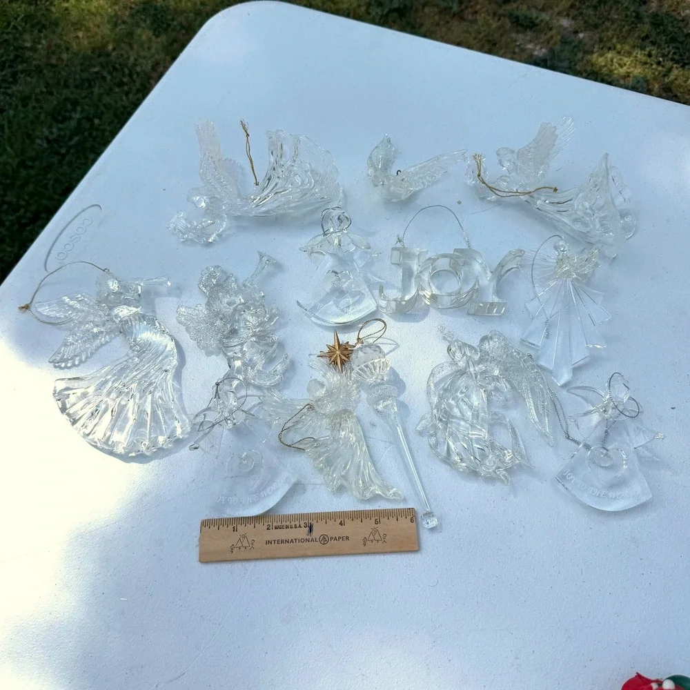 Christmas Ornament Lot 12pc Clear Acrylic Angels Joy Doves Clear